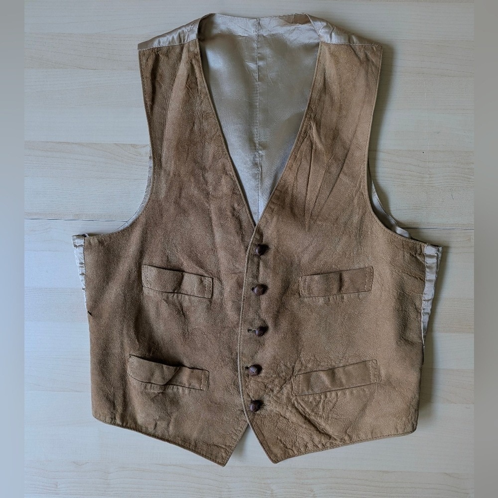 Vintage 90s Brown‎ Tan Suede Silk Stagecoach Vest Leather Buttons Made In USA